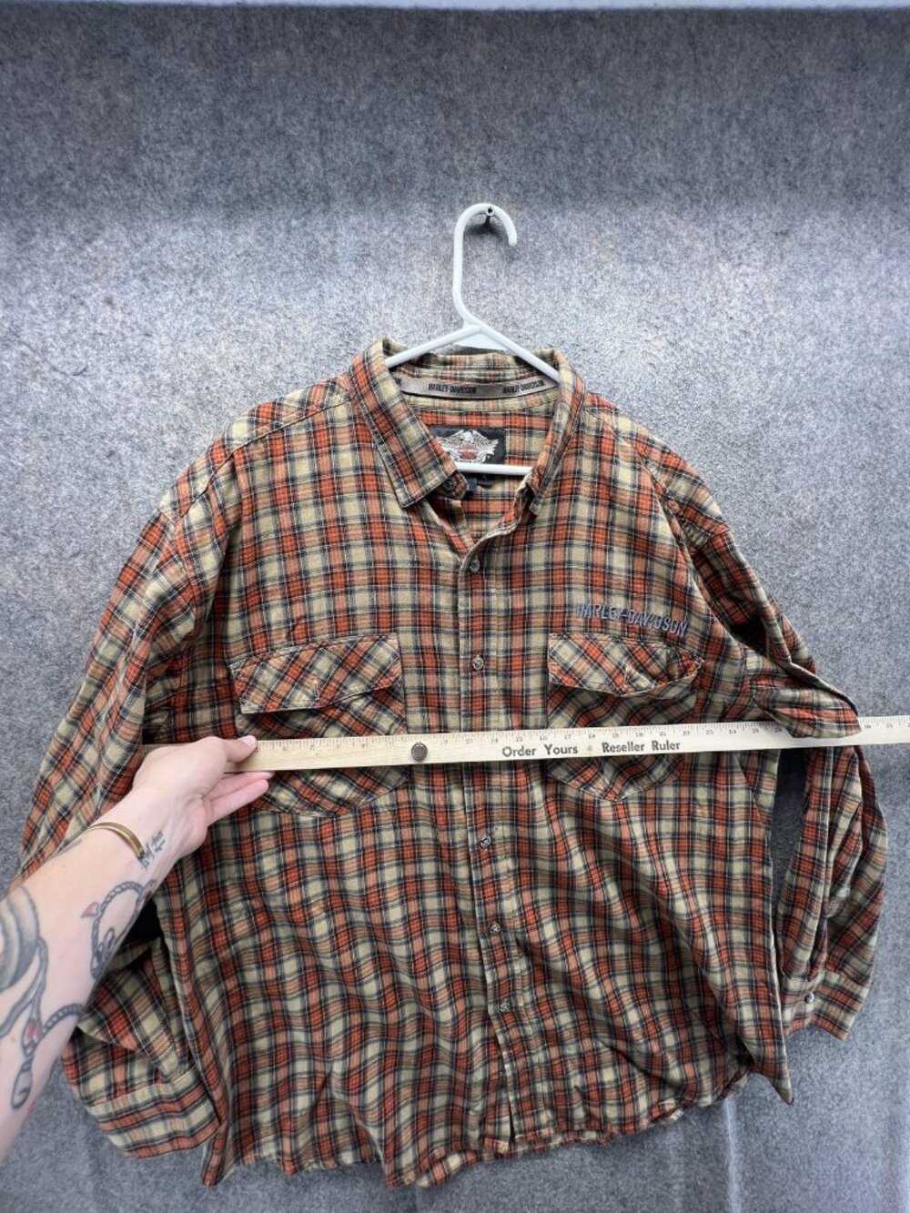 Harley-Davidson Shirt Mens XL Orange Plaid Long Sleeve Snap Front Flannel Casual - Picture 4 of 10